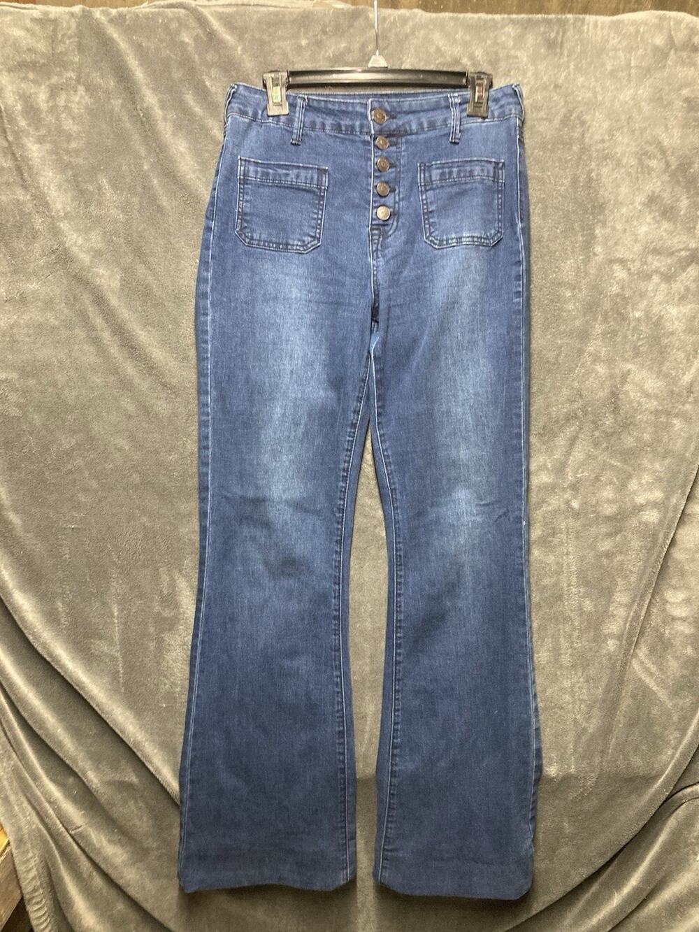 VTG 70s Style Hot Kiss Button Fly High-Rise Flare Blue Denim Jeans Juniors Sz 7